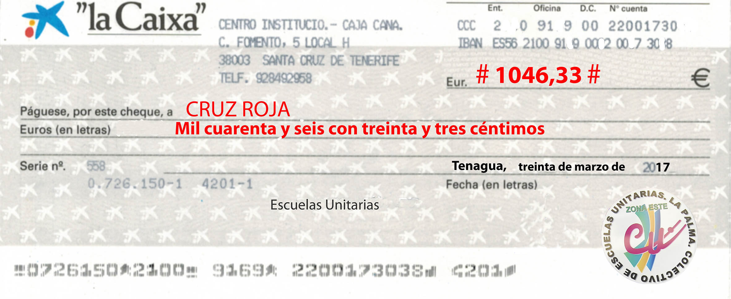 Cheque con el dinero recaudado por la Unitarias.
