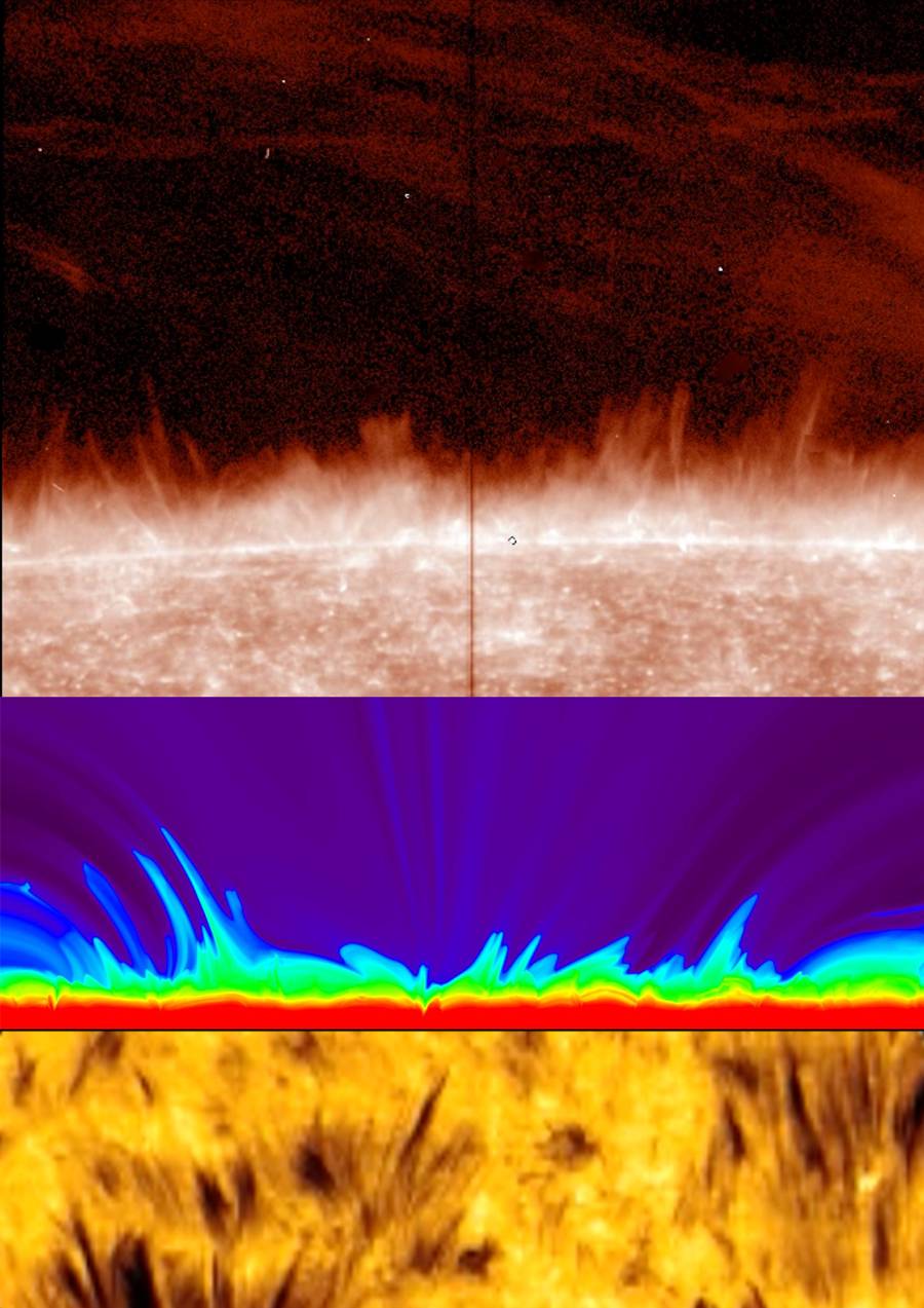 En la imagen superior obtenida con el espectrógrafo IRIS de la NASA, se aprecia en el borde o limbo del Sol la multitud de chorros de materia que salen despedidos de la superficie. En la imagen del centro, el modelo numérico es capaz de reproducir los chorros. En la imagen inferior, tomada con el Telescopio Solar Sueco del Observatorio del Roque de los Muchachos (La Palma), los chorros se observan en el disco solar como estructuras filamentosas de corta duración y que se reflejan en el espectro desplazadas al azul porque se aproximan a nosotros.