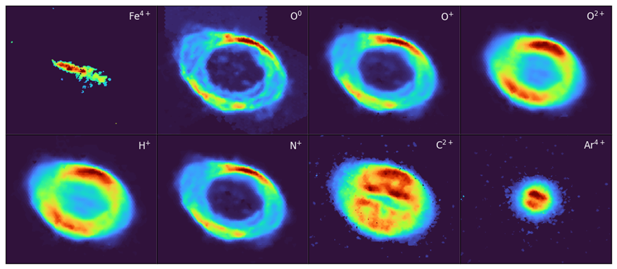 Conjunto ilustrativo de 8 imágenes individuales de líneas de la Nebulosa del Anillo obtenidas con WEAVE. 